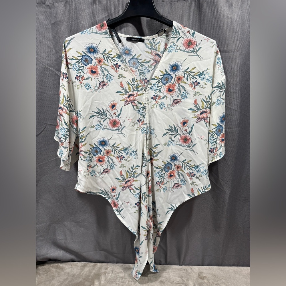 Forever 21 Floral Tie-Front Blouse - Cream and Multicolor